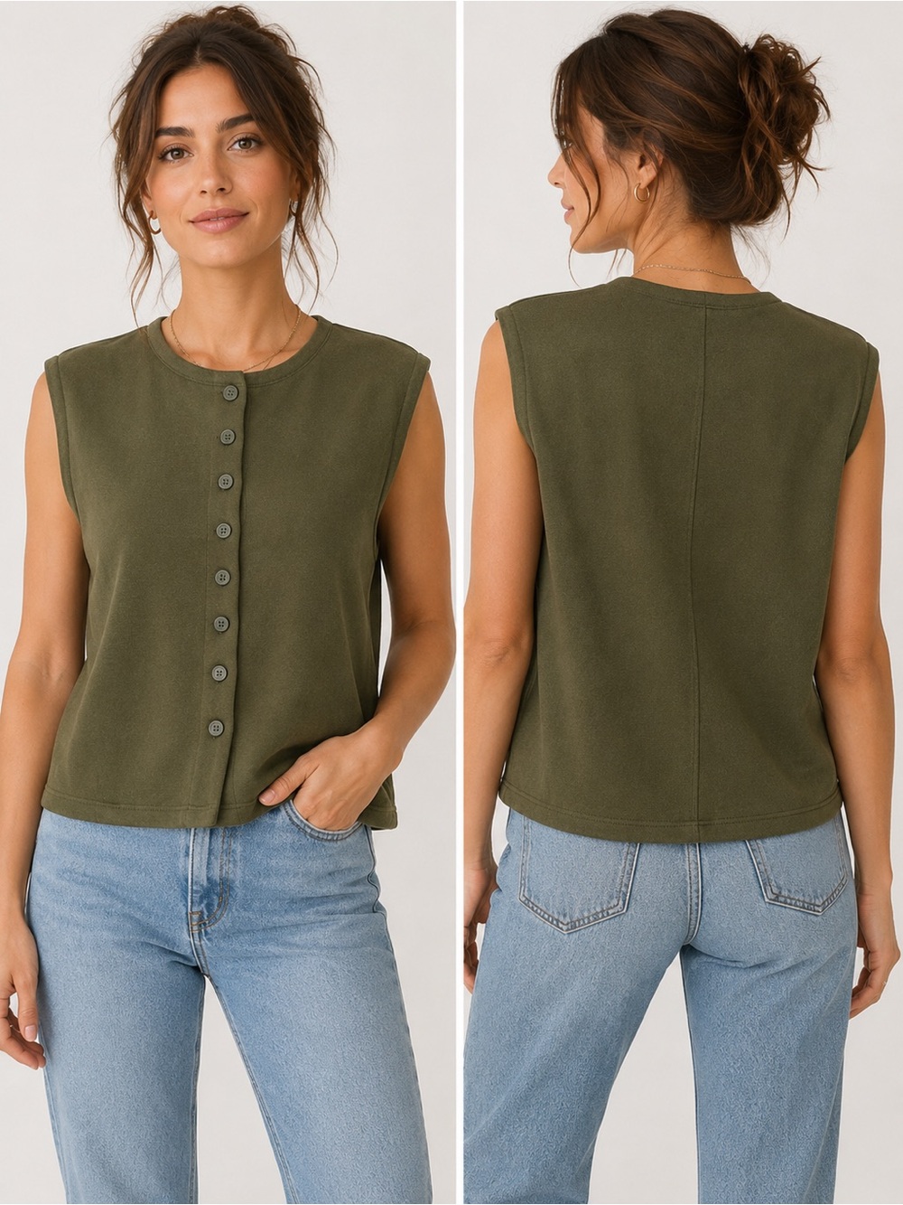 A New Day Olive Green Button Front Sweater Vest Top Women’s Medium Casual